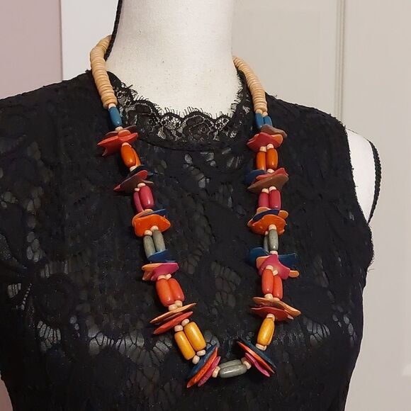 Tribal Exotic Fun Multicolor Wooden Beads Necklace Bold Statement - Picture 2 of 6